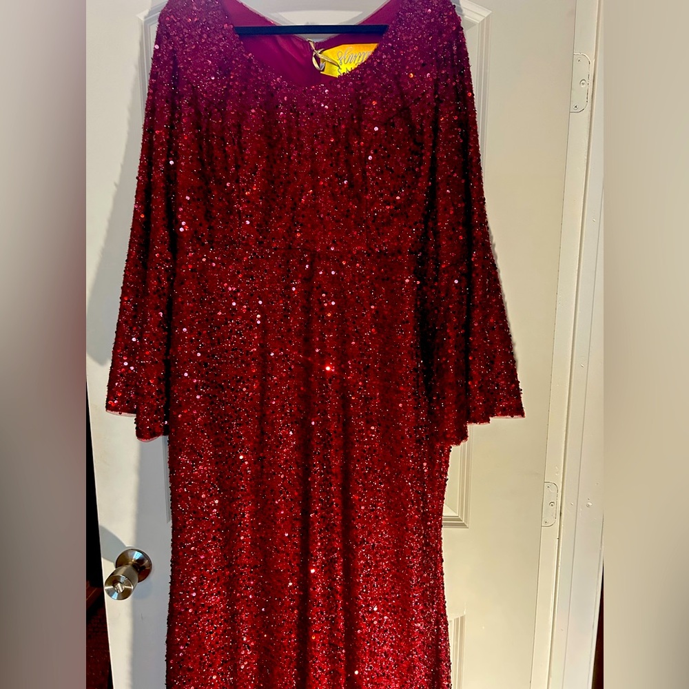 Formal dark red sequins dress with flared sleeves